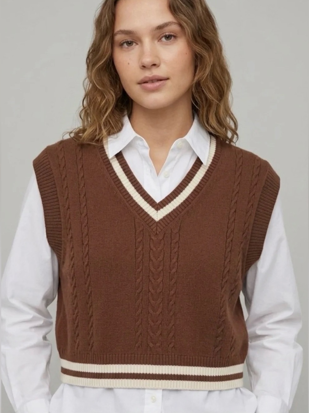 Aritzia Sunday Best Winston Merino Wool Blend Cable-knit Sweater Vest Brown Sz S